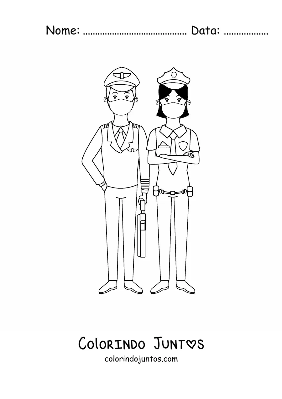 Desenho para colorir de um casal de policiais de mascara