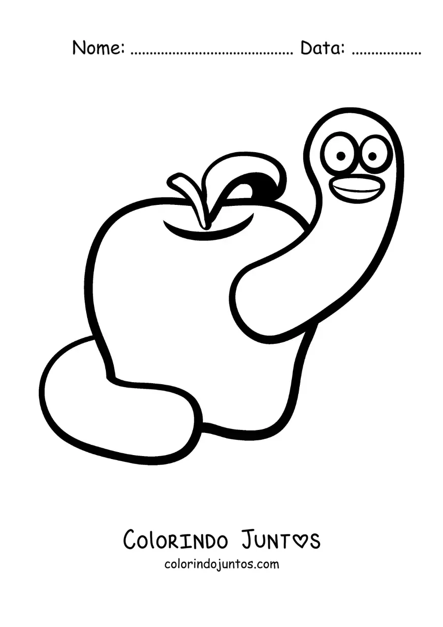 Desenho para colorir de desenho de um verme animado em uma maçã