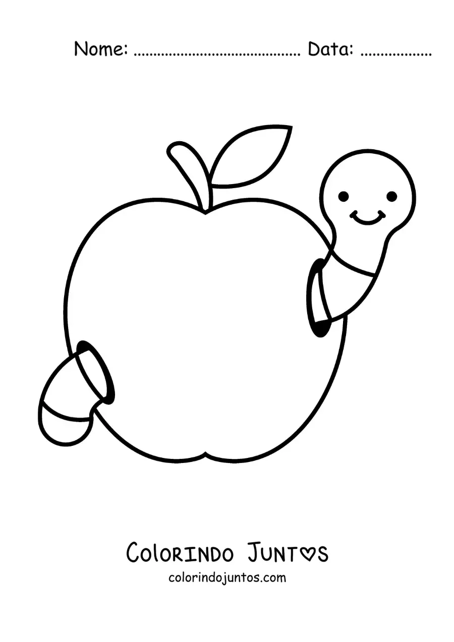 Desenho para colorir de verme animado fácil em uma maçã