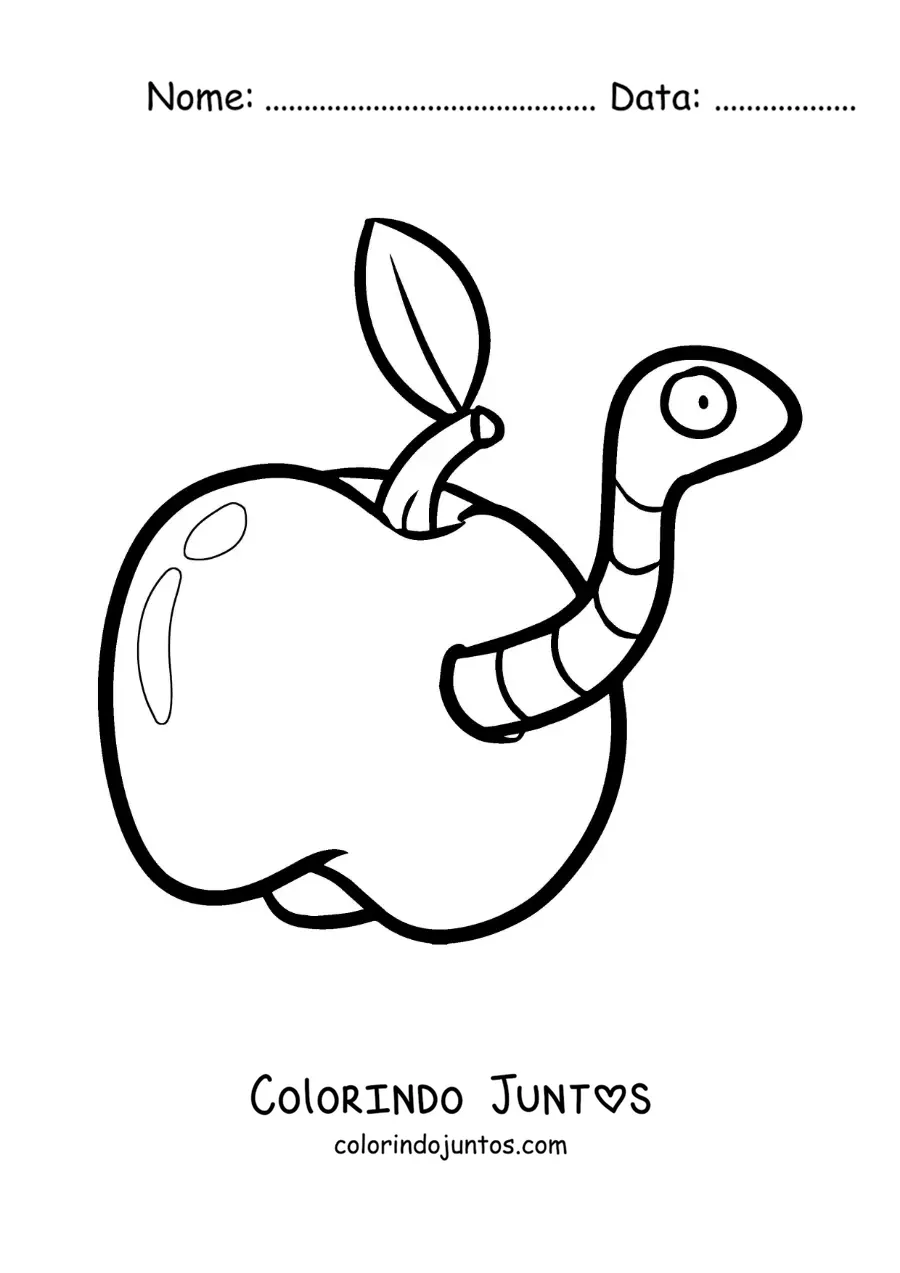Desenho para colorir de verme engraçado animado em uma maçã