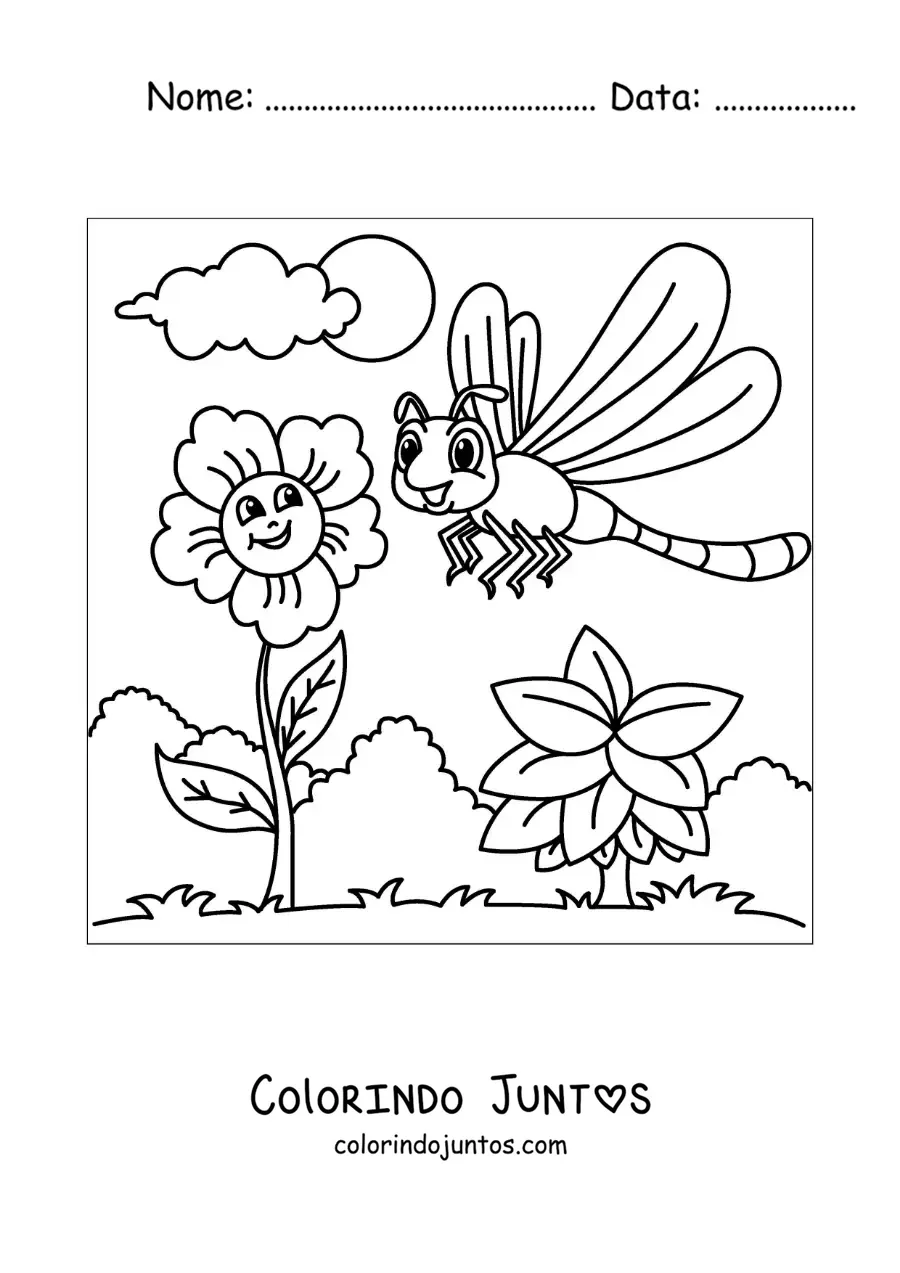Desenho para colorir de libélula animada ao lado de umas flores