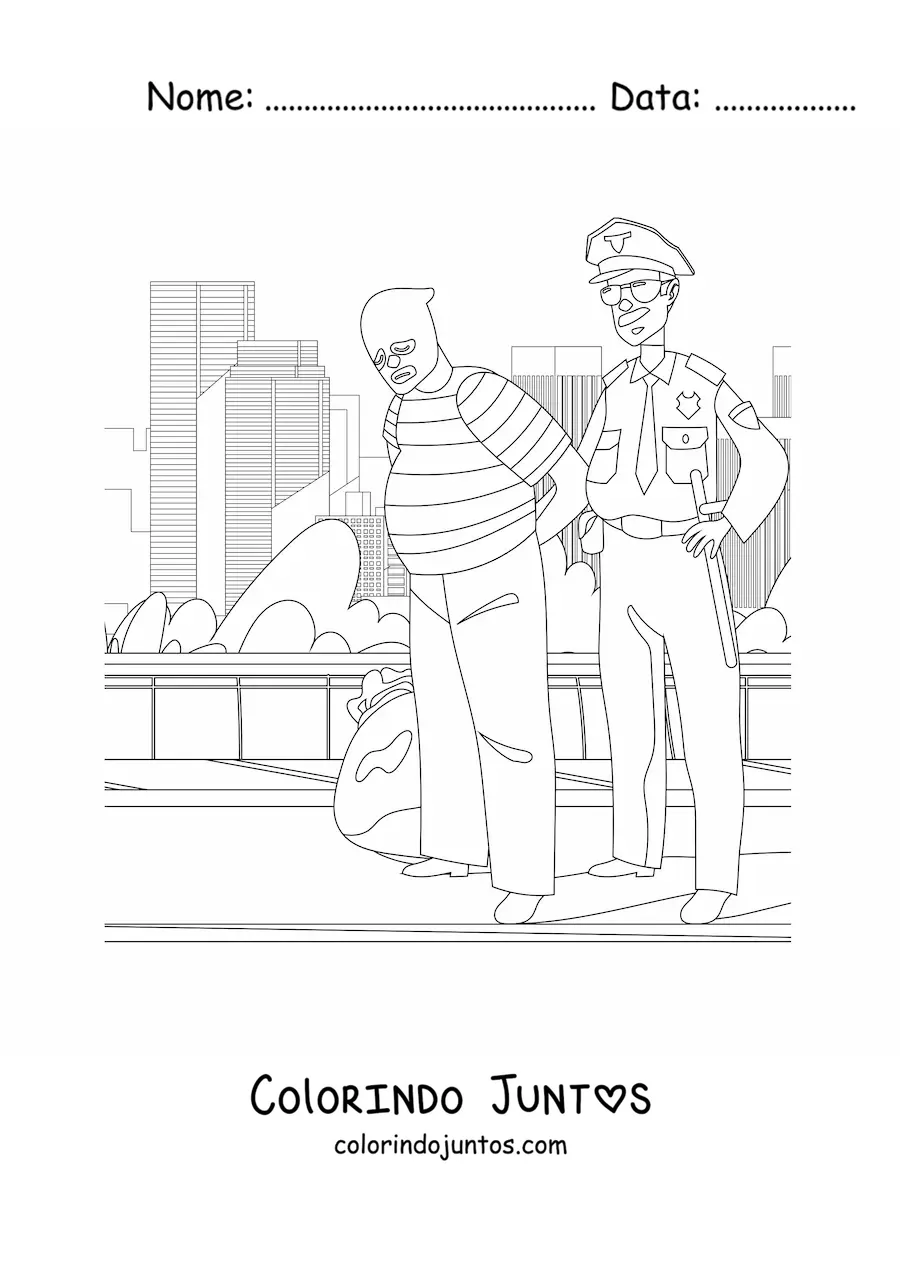 Desenho para colorir de um policial prendendo um ladrao