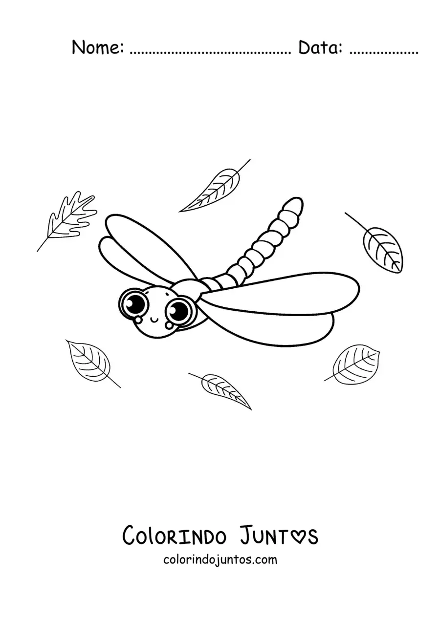 Desenho para colorir de uma linda libélula animada voando com folhas