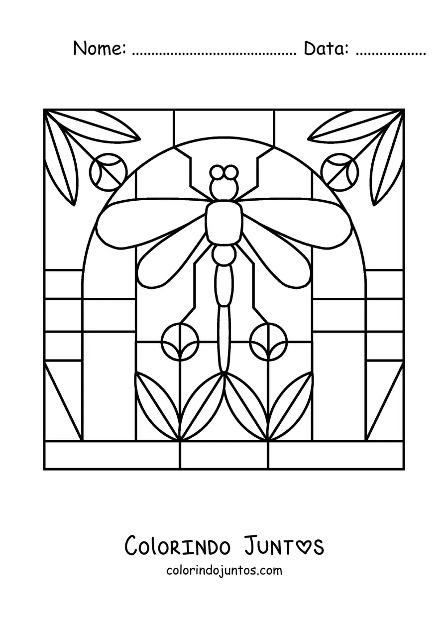 Desenho para colorir de vitral com libélula e flores
