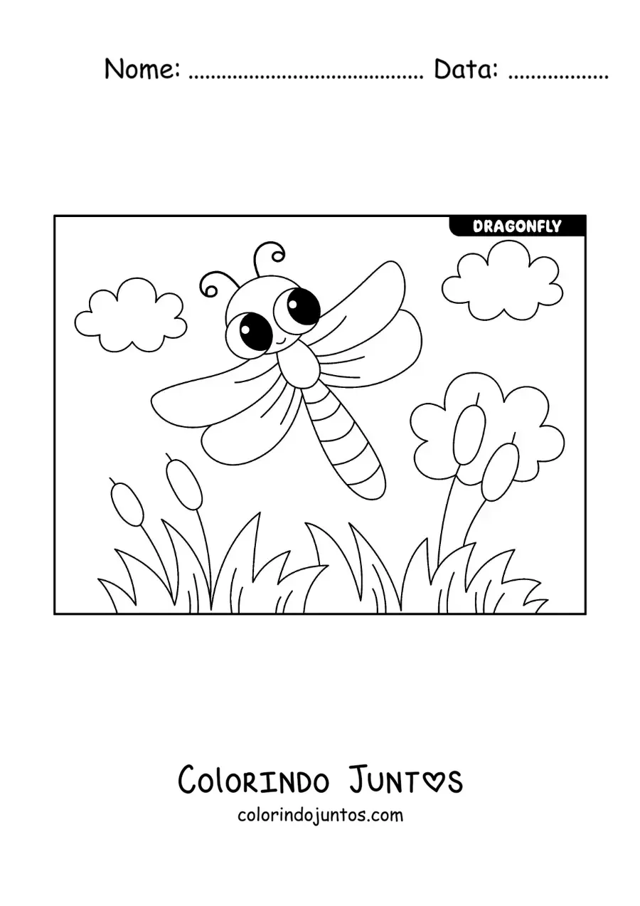 Desenho para colorir de libélula kawaii voando em um jardim