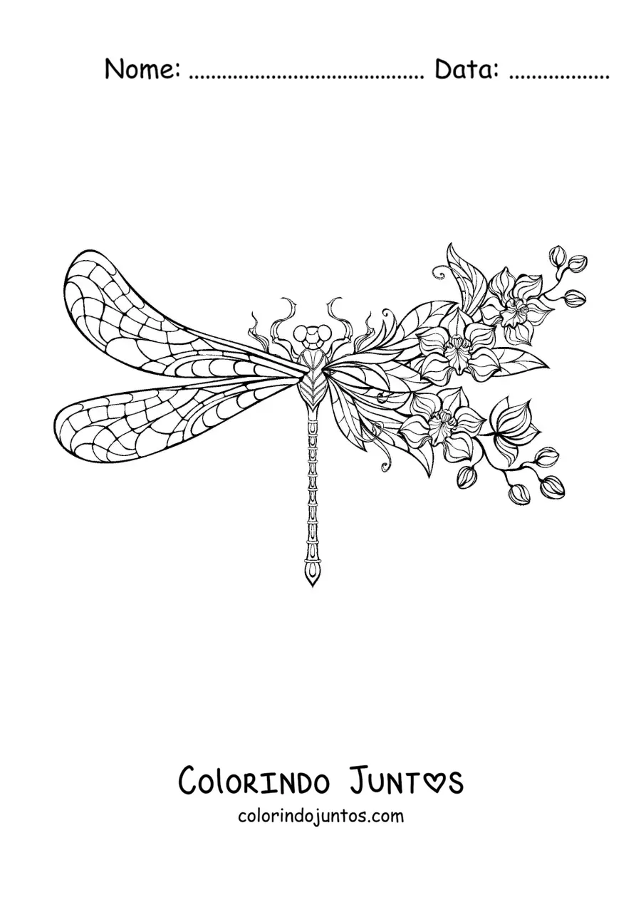 Desenho para colorir de uma linda libélula com flores