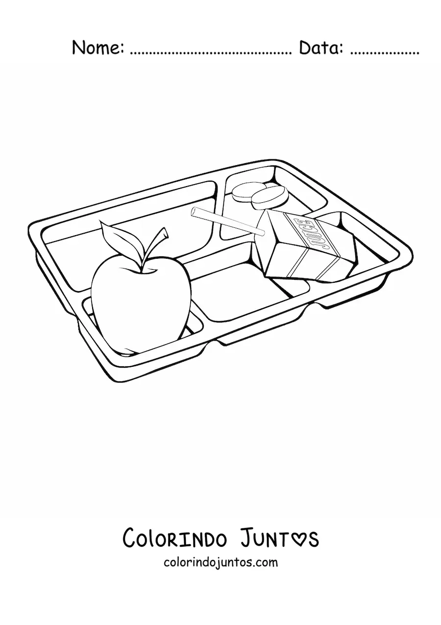 Desenho para colorir de uma bandeja de almoço escolar com uma maçã e uma caixinha de suco