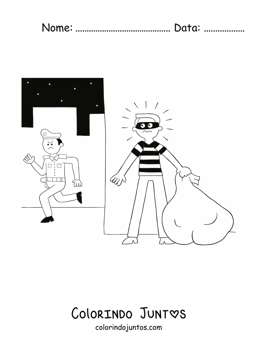 Desenho para colorir de um policial perseguindo um ladrao a noite