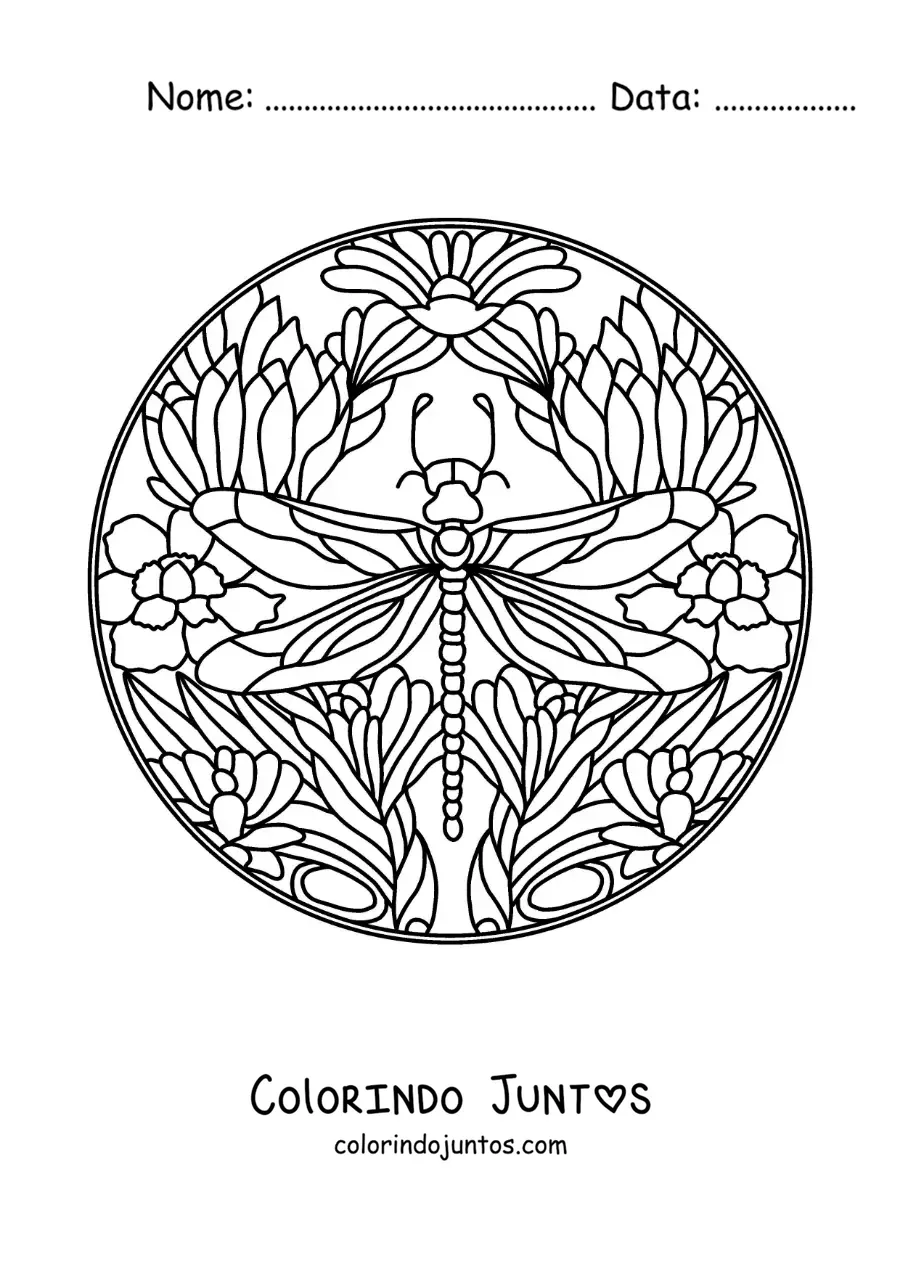 Desenho para colorir de mandala de libélula com flores