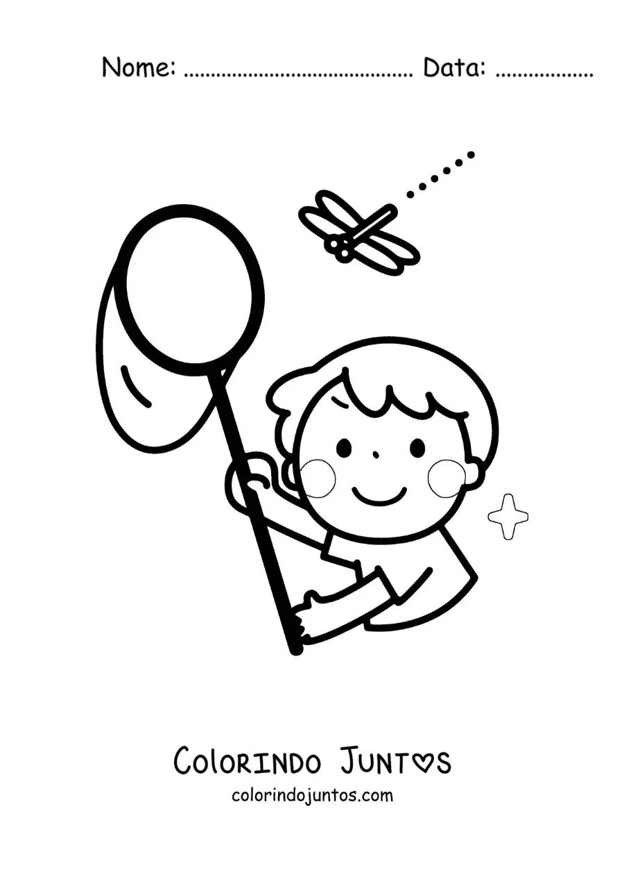 Desenho para colorir de menino pegando uma libélula com uma rede