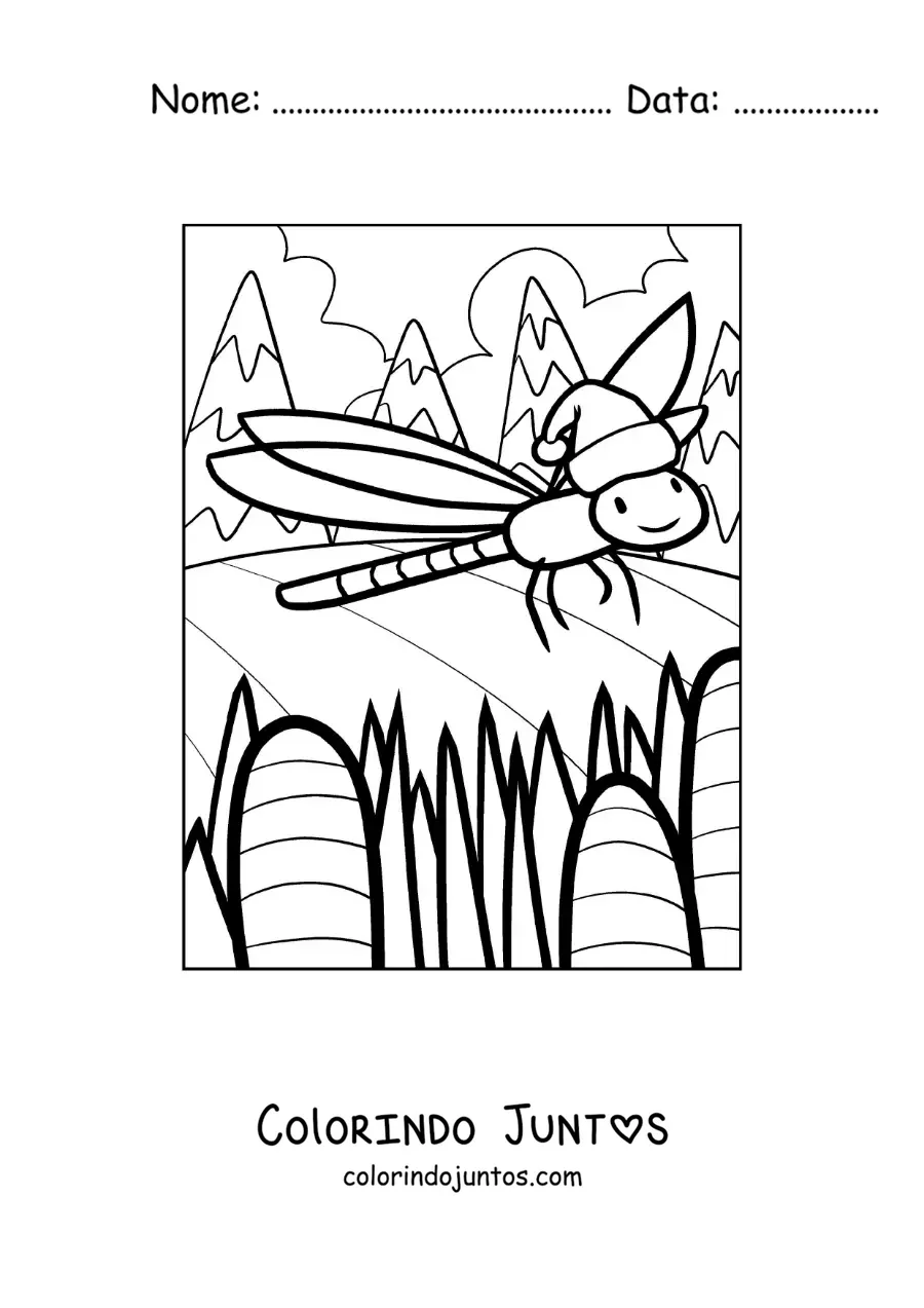 Desenho para colorir de libélula animada com gorro de Natal
