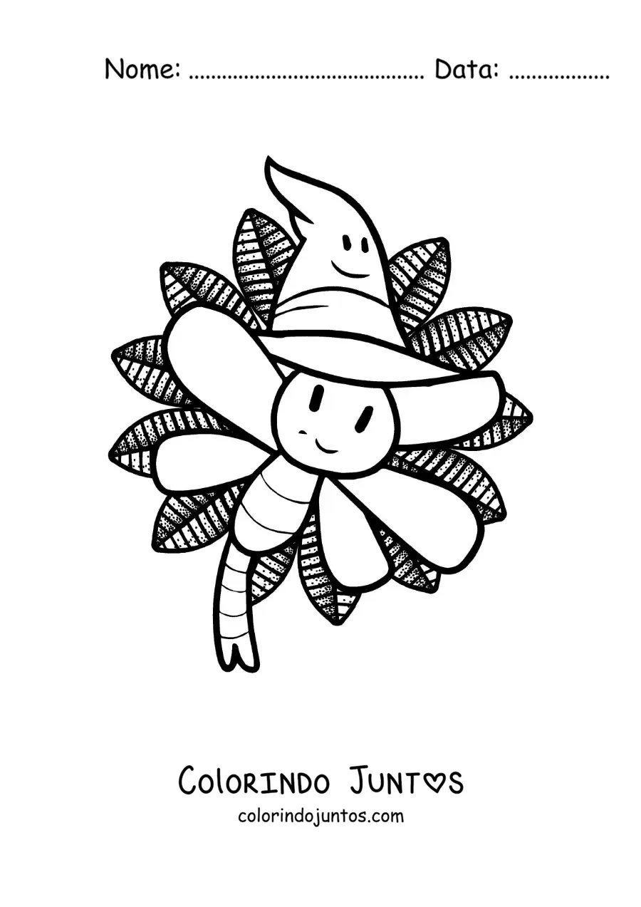 Desenho para colorir de libélula animada com chapéu de Halloween