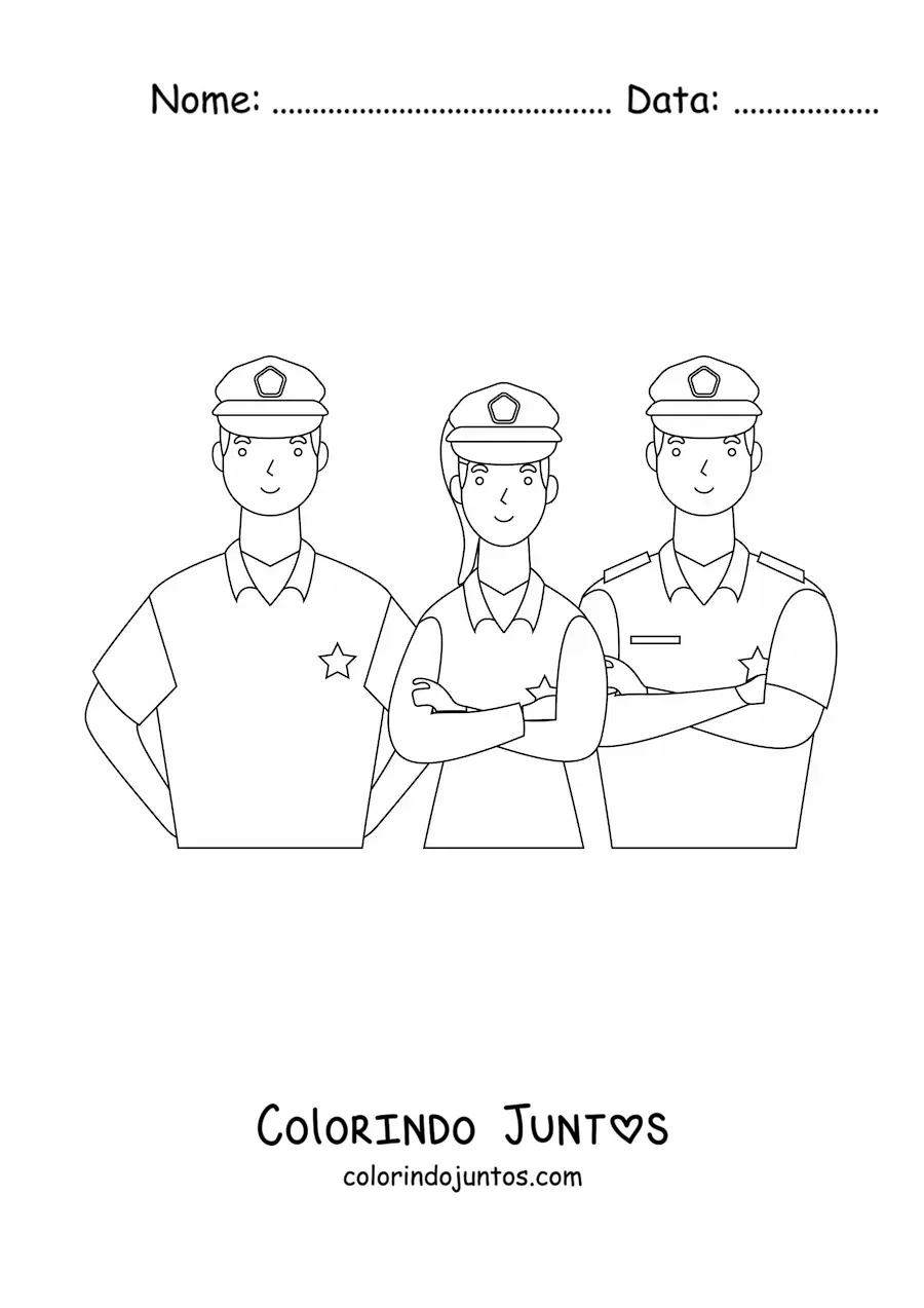 Desenho para colorir de tres policiais olhando para a frente