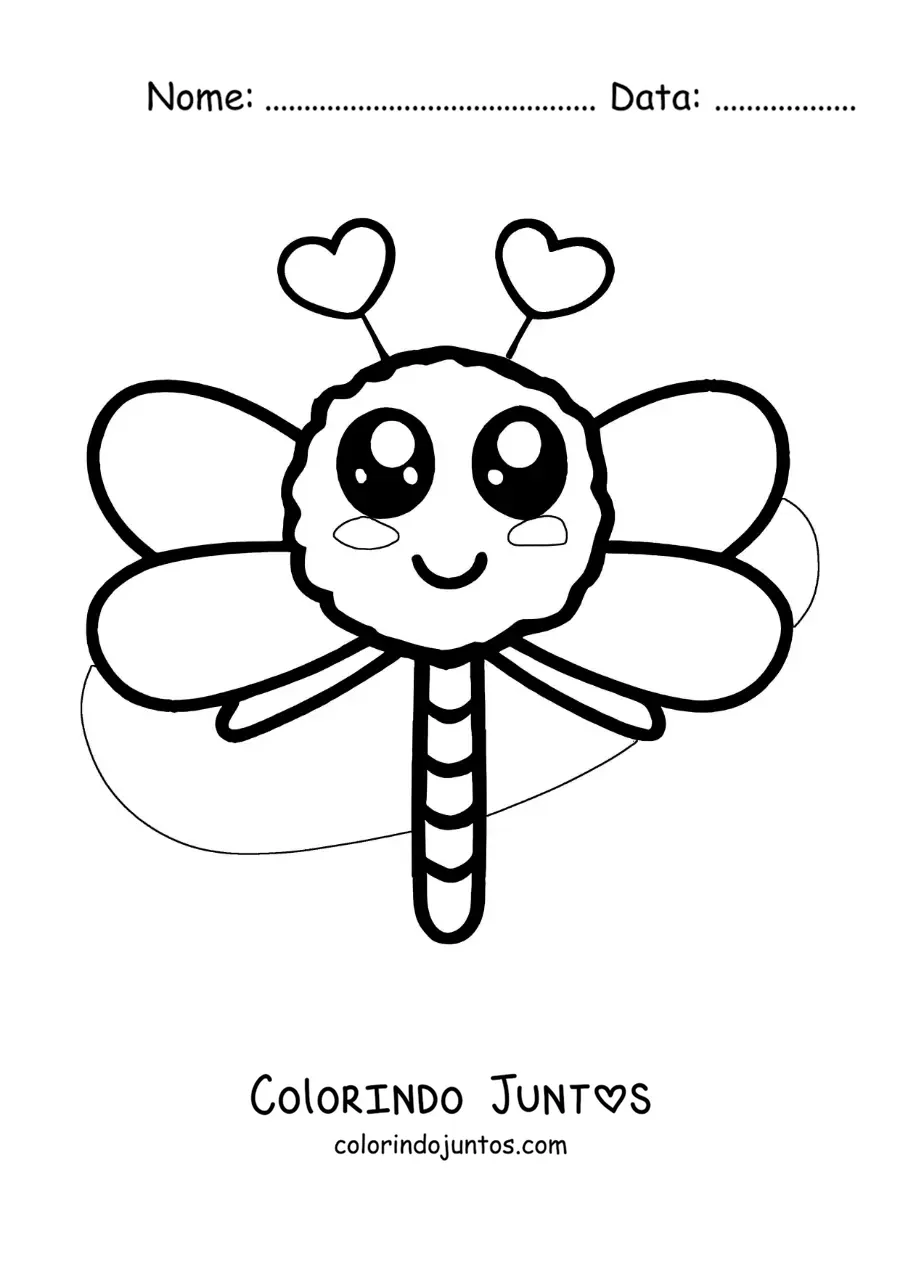 Desenho para colorir de libélula kawaii com corações