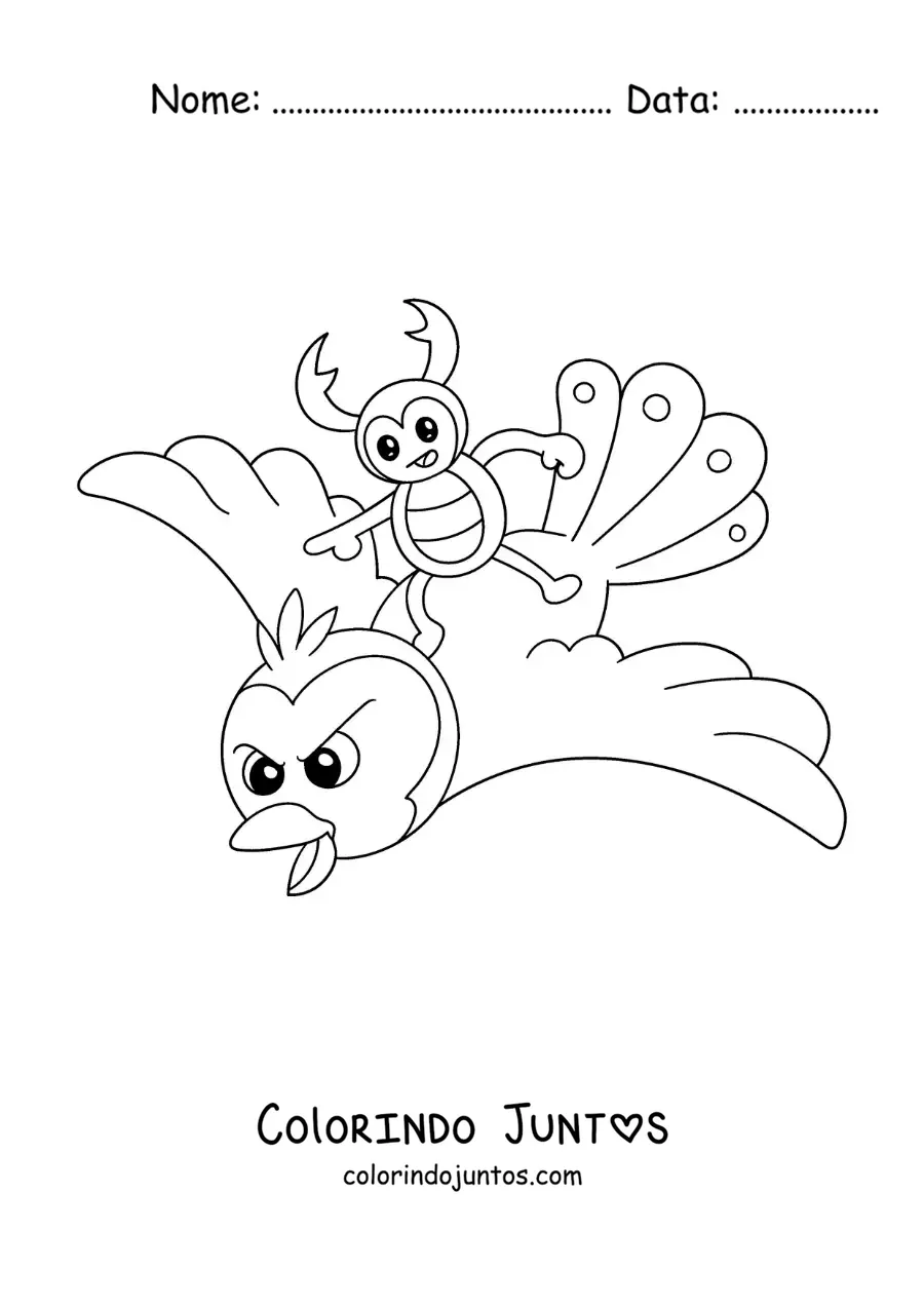 Desenho para colorir de um besouro-veado animado voando em uma ave
