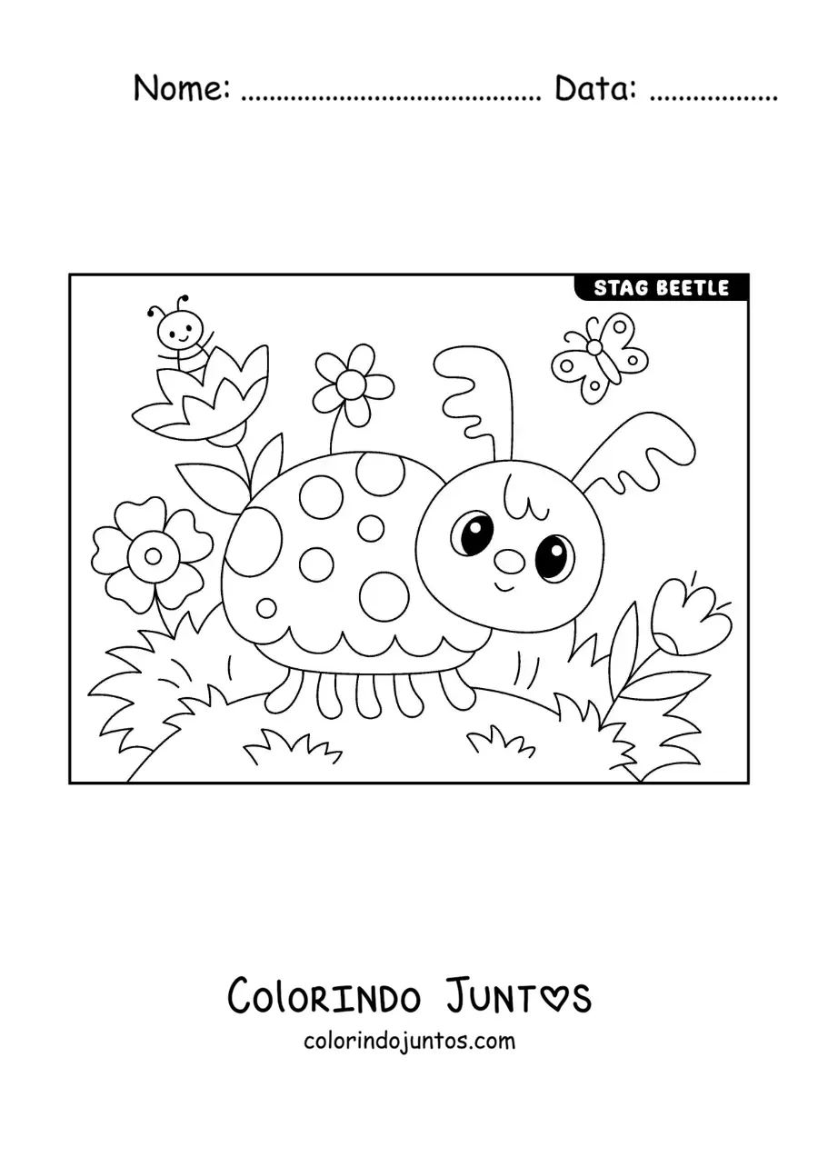 Desenho para colorir de um besouro-veado animado em um jardim com flores