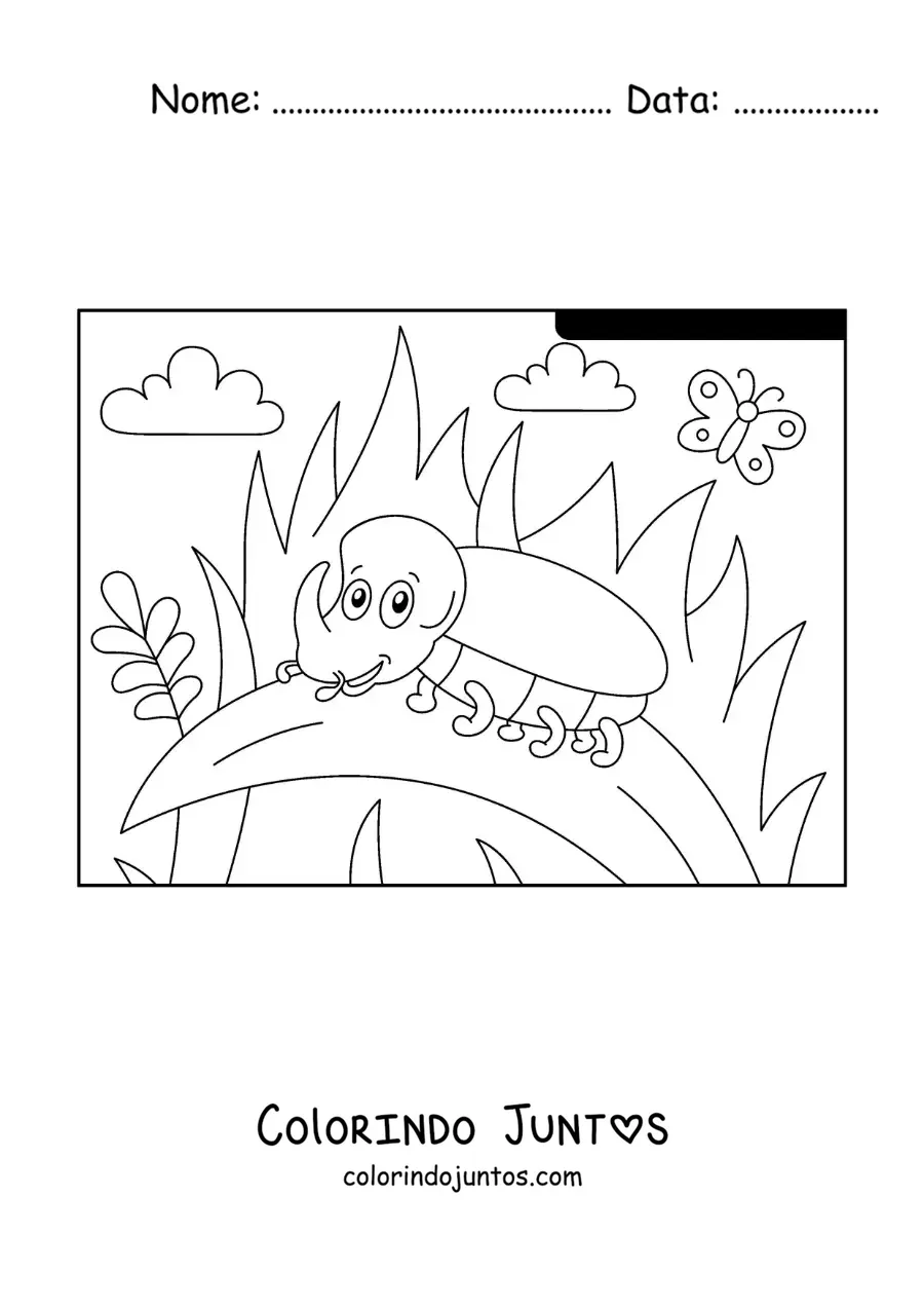 Desenho para colorir de um besouro-rinoceronte animado em um jardim