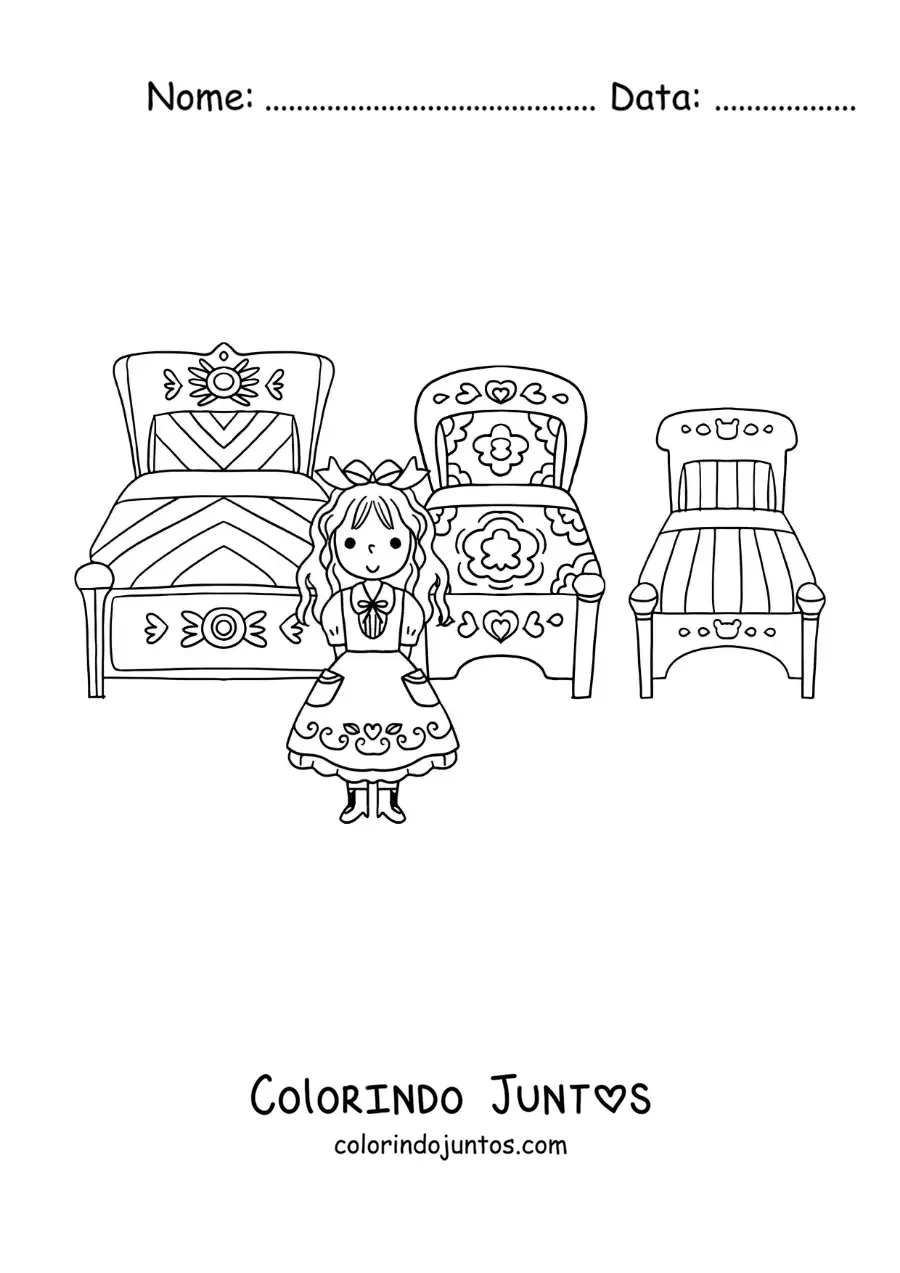 Desenho para colorir de Cachinhos Dourados e as três camas dos ursos