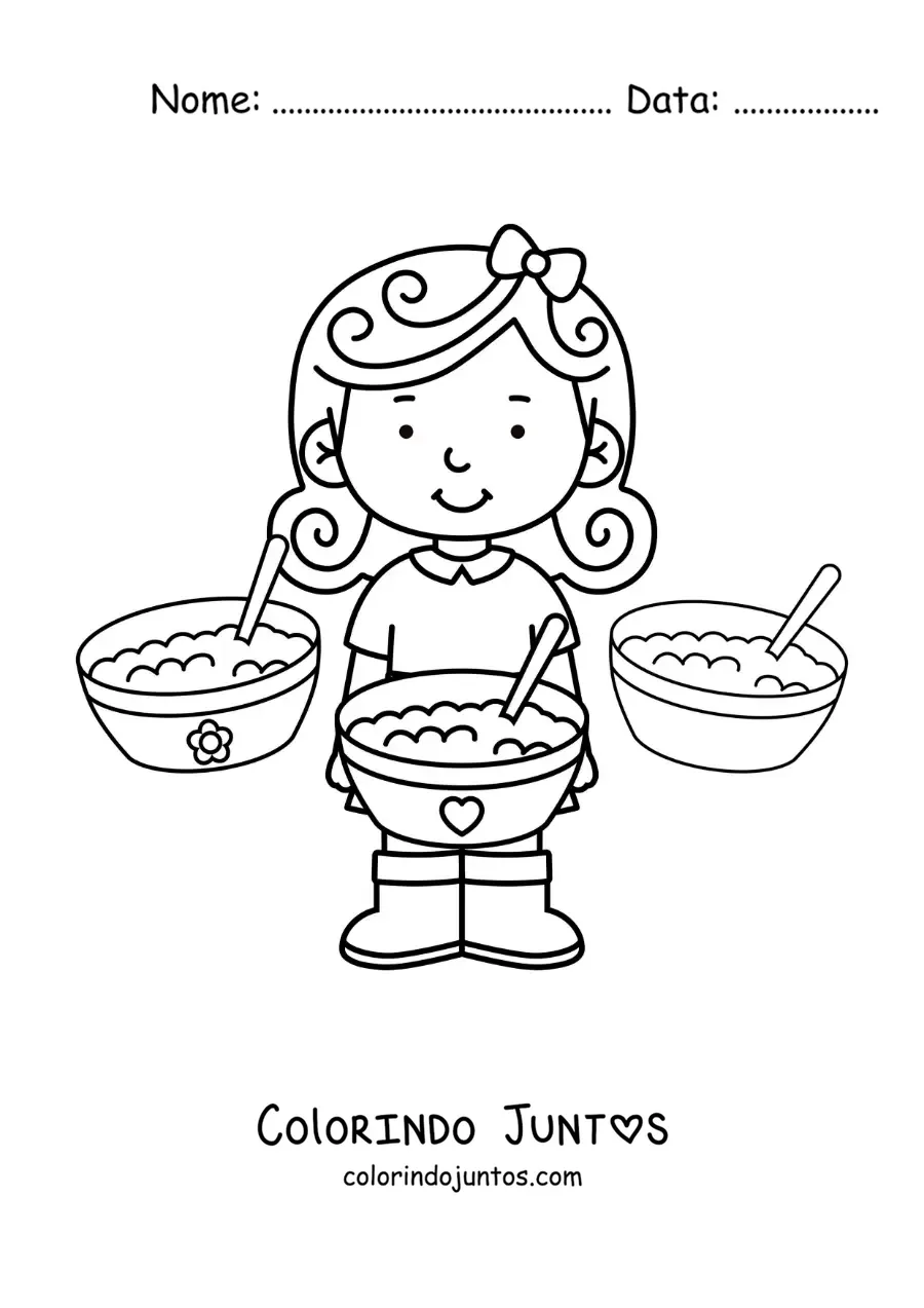 Desenho para colorir de Cachinhos Dourados e os pratos de mingau dos três ursos