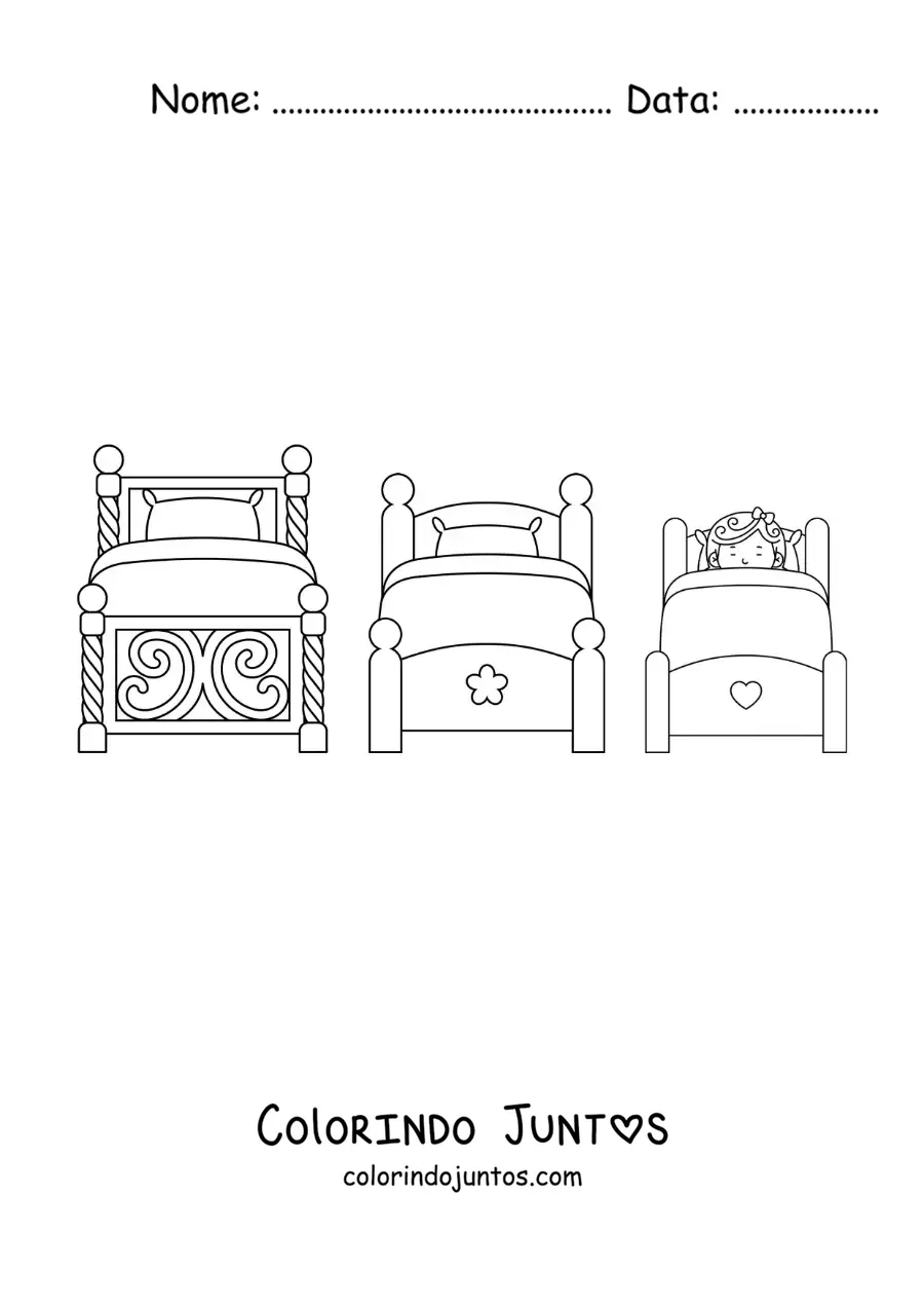 Desenho para colorir de Cachinhos Dourados dormindo nas camas dos três ursos