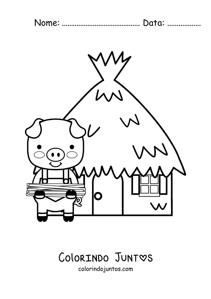Desenho para colorir de um dos três porquinhos com sua casa de palha