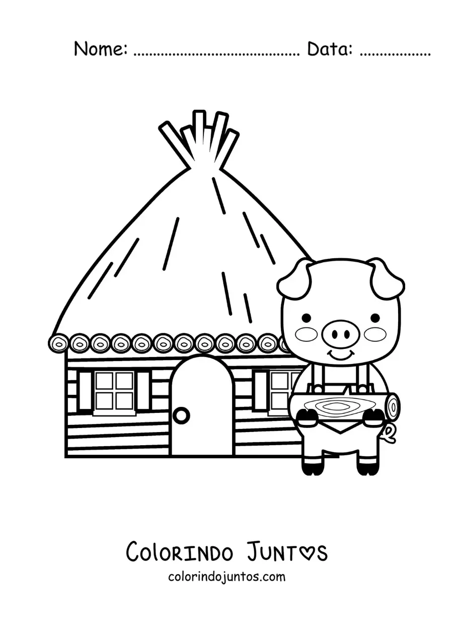 Desenho para colorir de um dos três porquinhos com sua casa de madeira