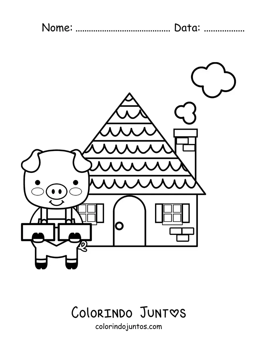 Desenho para colorir de um dos três porquinhos com sua casa de tijolos