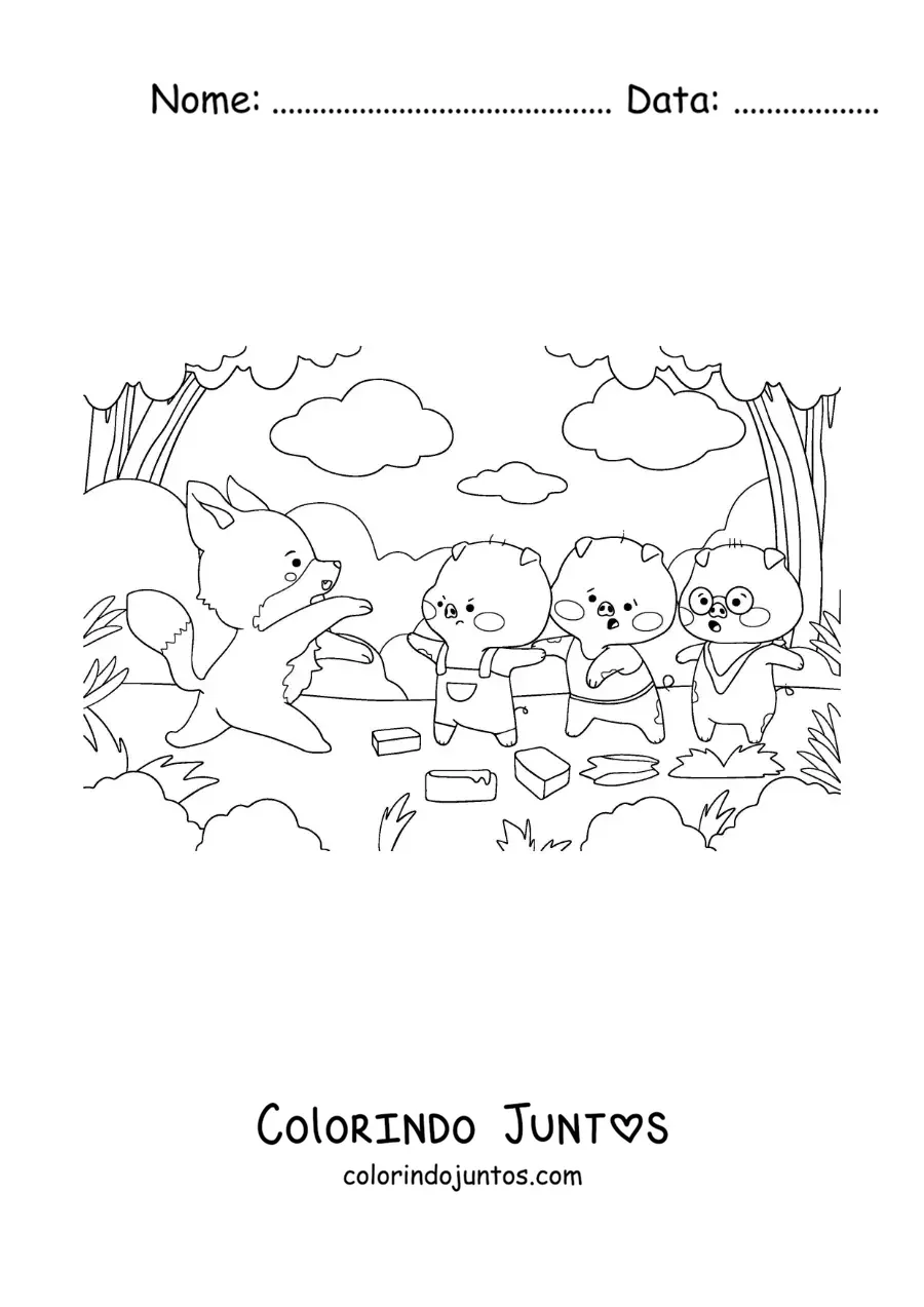 Desenho para colorir dos três porquinhos fugindo do lobo