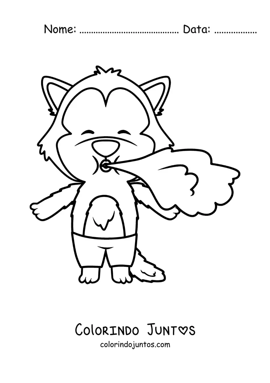 Desenho para colorir do lobo mau soprando para derrubar as casas dos porquinhos