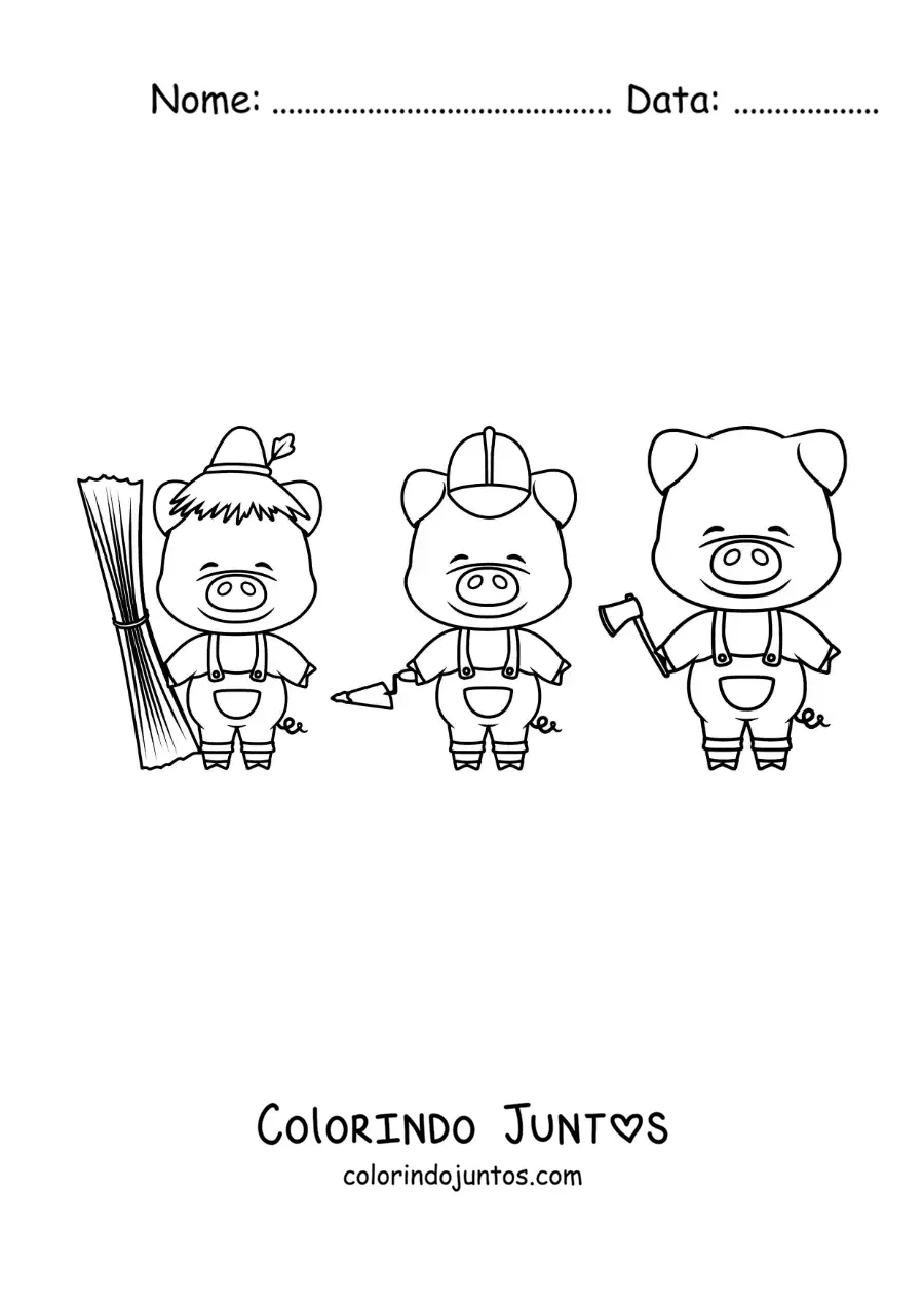 Desenho para colorir dos três porquinhos construindo suas casas