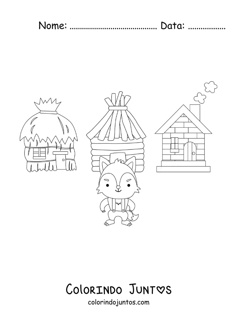 Desenho para colorir do lobo mau derrubando as casas dos três porquinhos