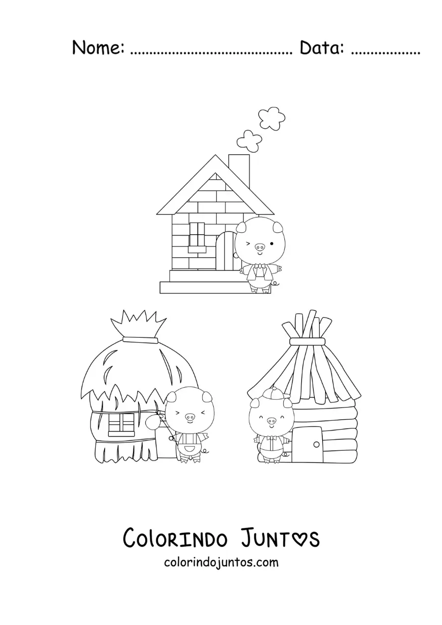 Desenho para colorir dos três porquinhos e suas casas