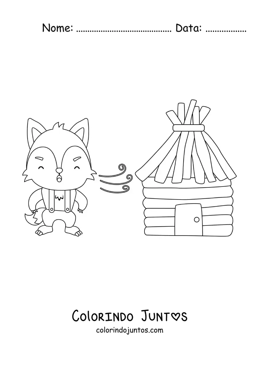 Desenho para colorir do lobo mau soprando e derrubando a casa de madeira