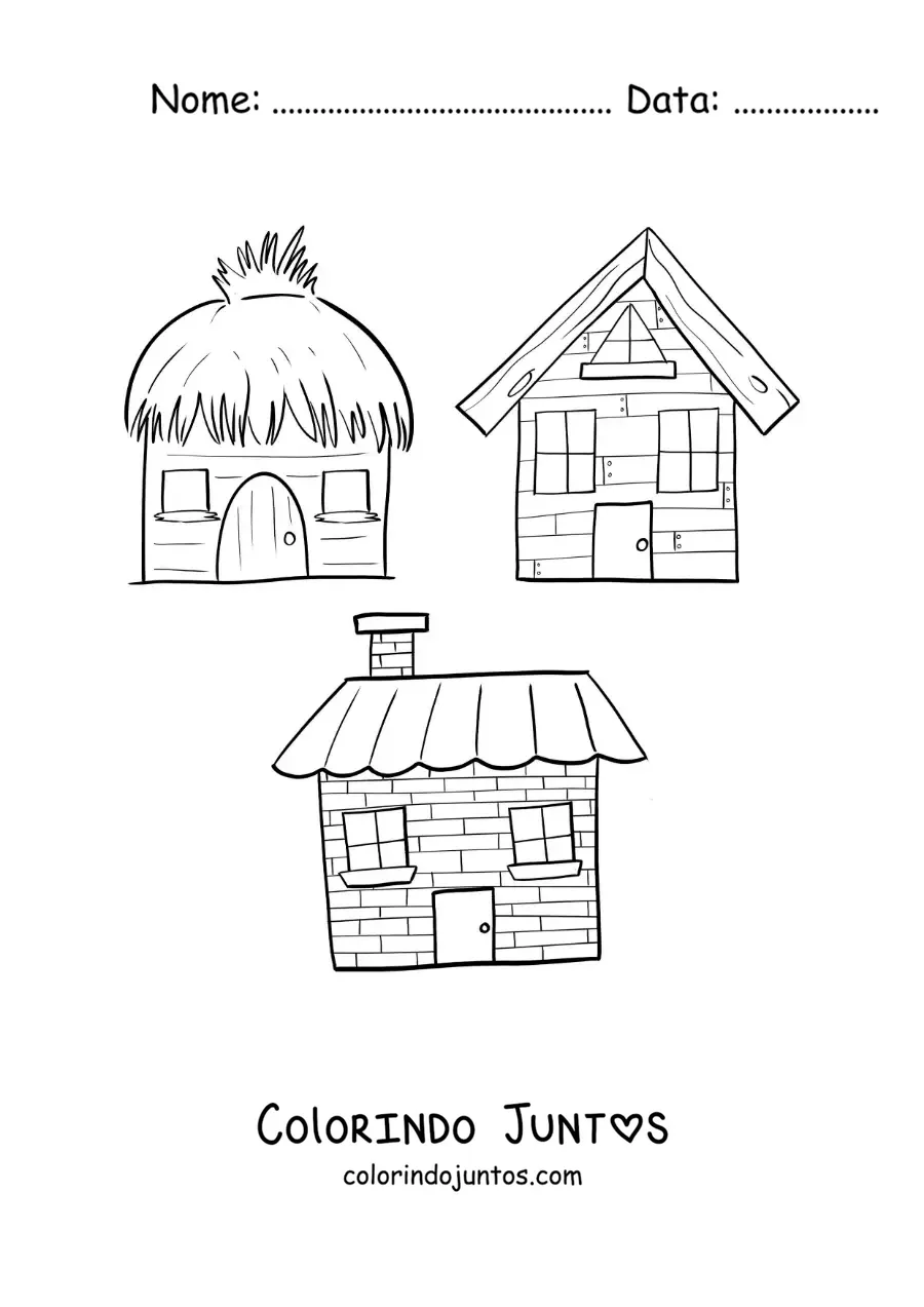 Desenho para colorir das casas dos três porquinhos