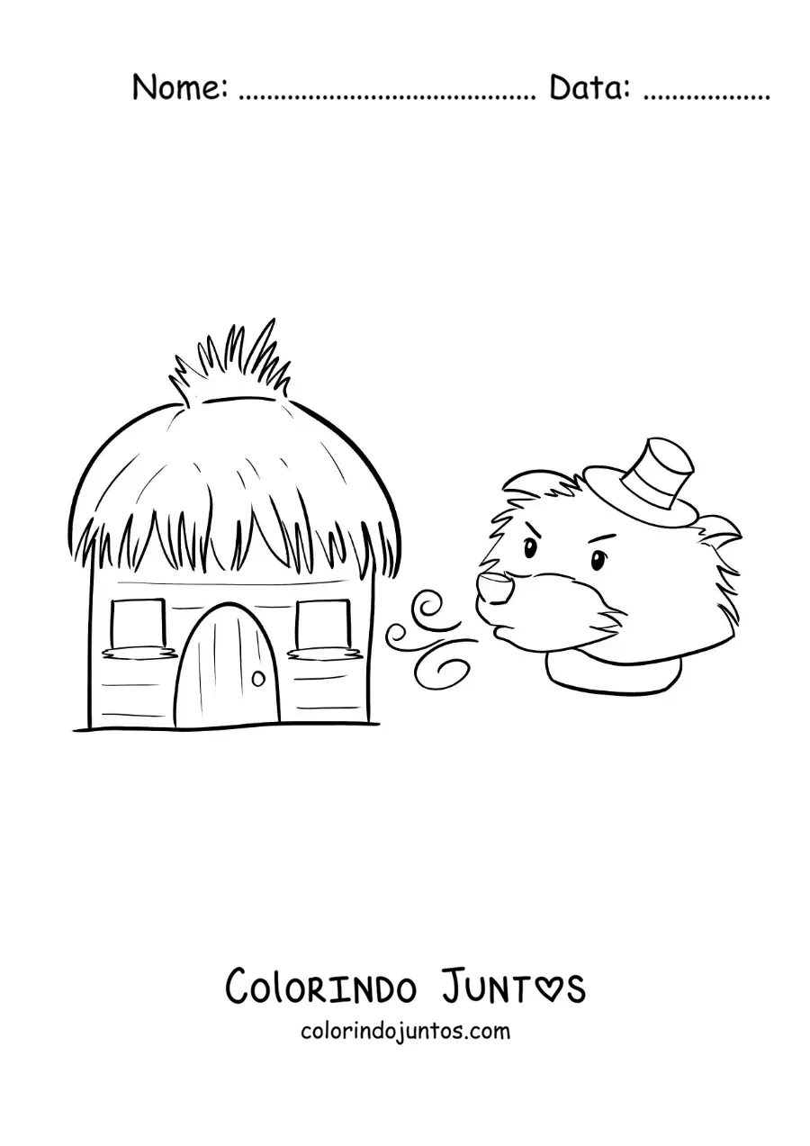 Desenho para colorir do lobo mau soprando e derrubando a casa de palha
