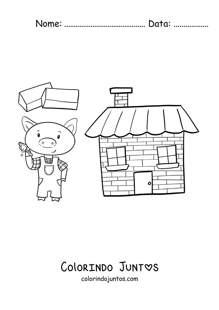 Desenho para colorir de um dos três porquinhos construindo sua casa de tijolos