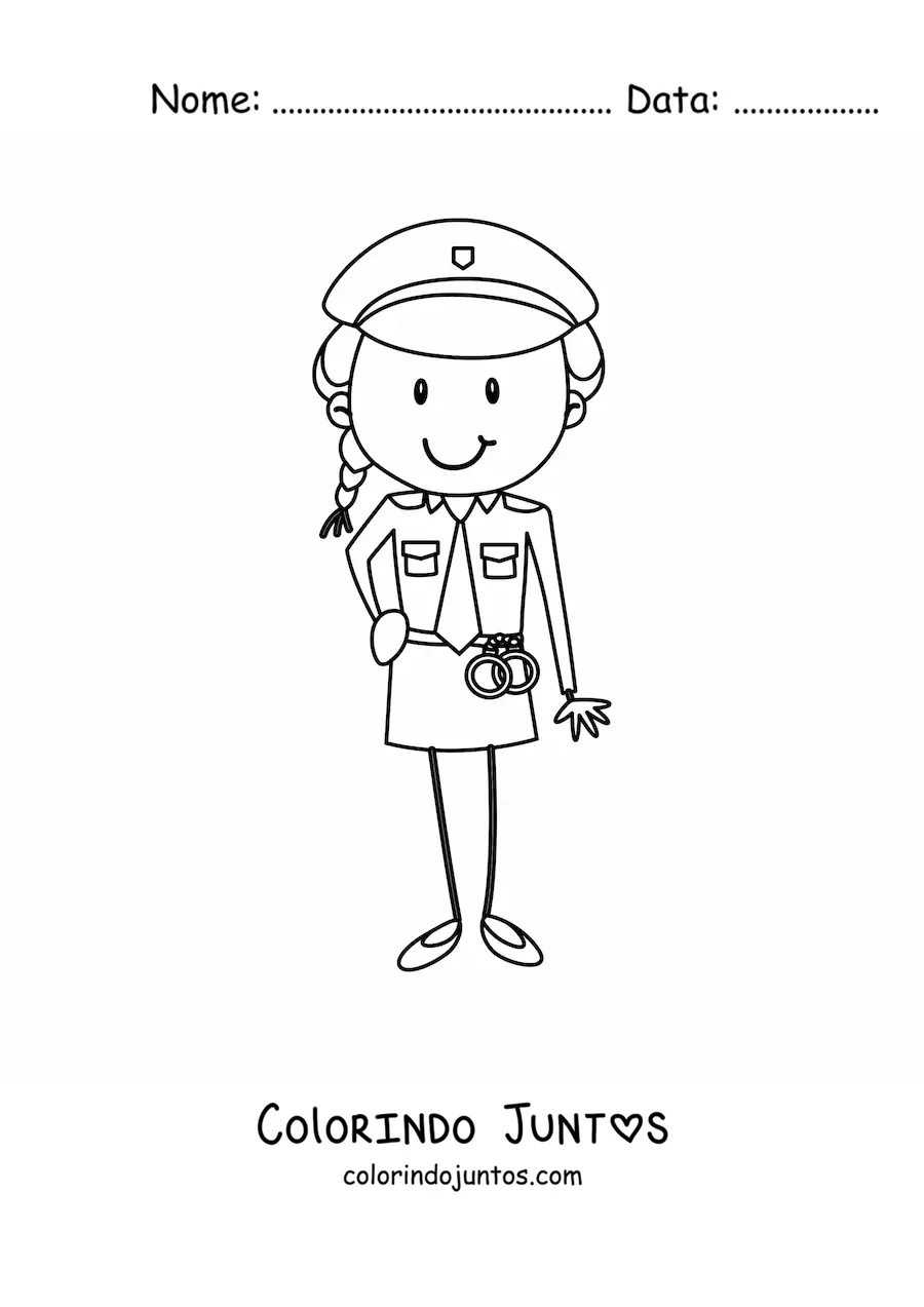Desenho para colorir de uma mulher policial com um par de algemas em estilo cartum