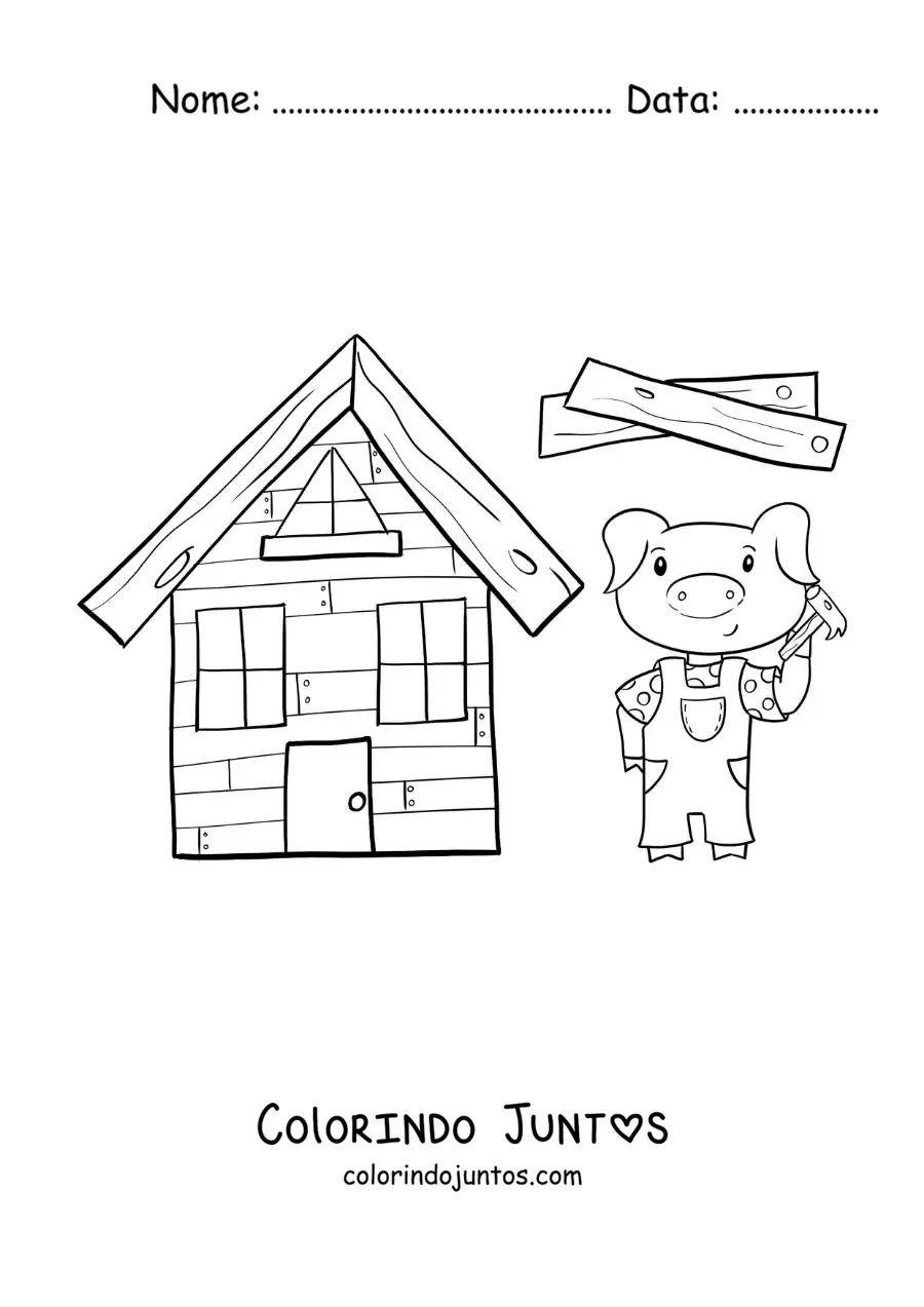 Desenho para colorir de um dos três porquinhos construindo sua casa de madeira