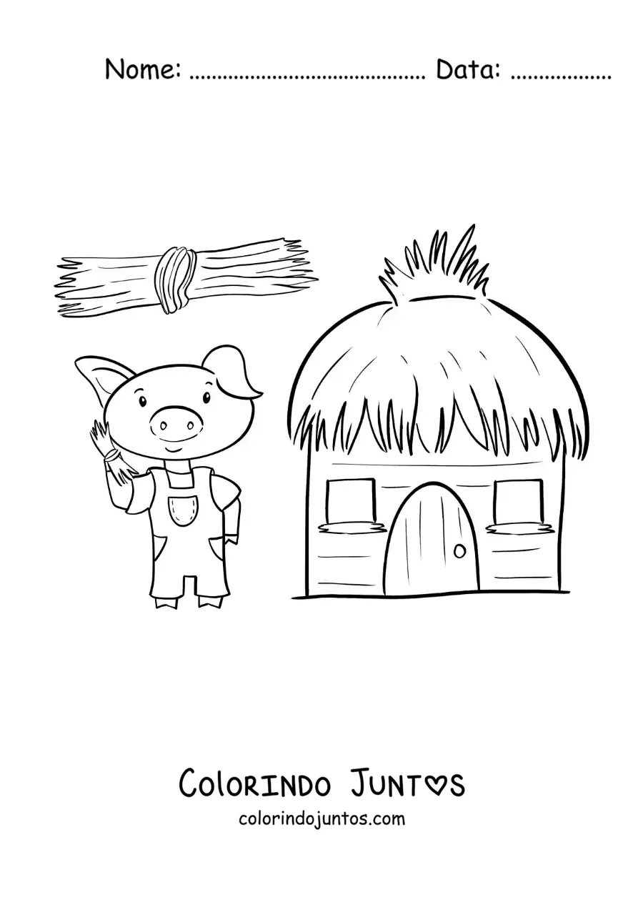 Desenho para colorir de um dos três porquinhos construindo sua casa de palha