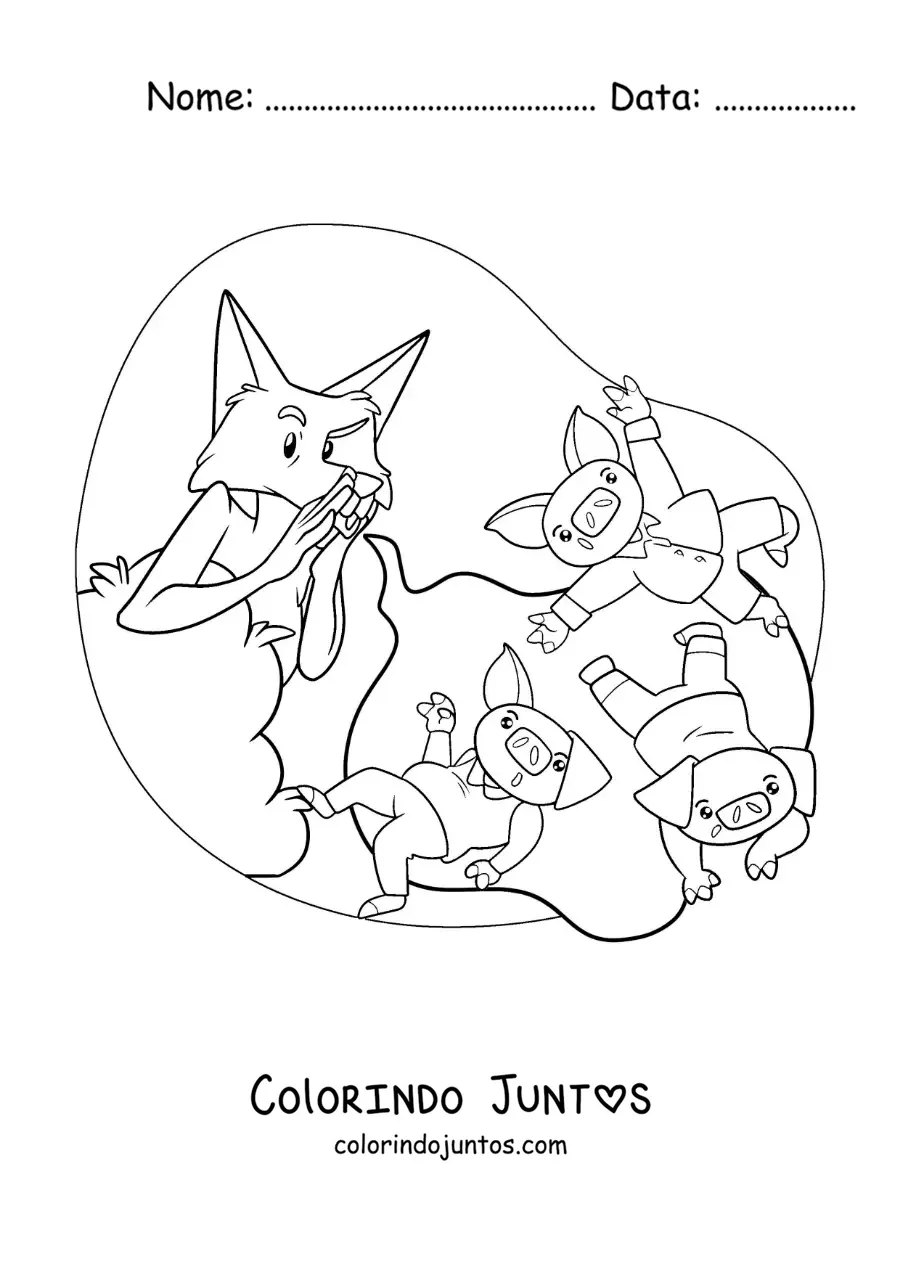 Desenho para colorir do lobo mau soprando os três porquinhos