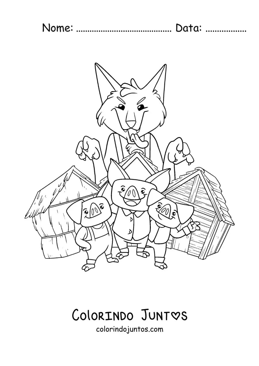 Desenho para colorir do lobo mau pronto para derrubar as casas dos três porquinhos