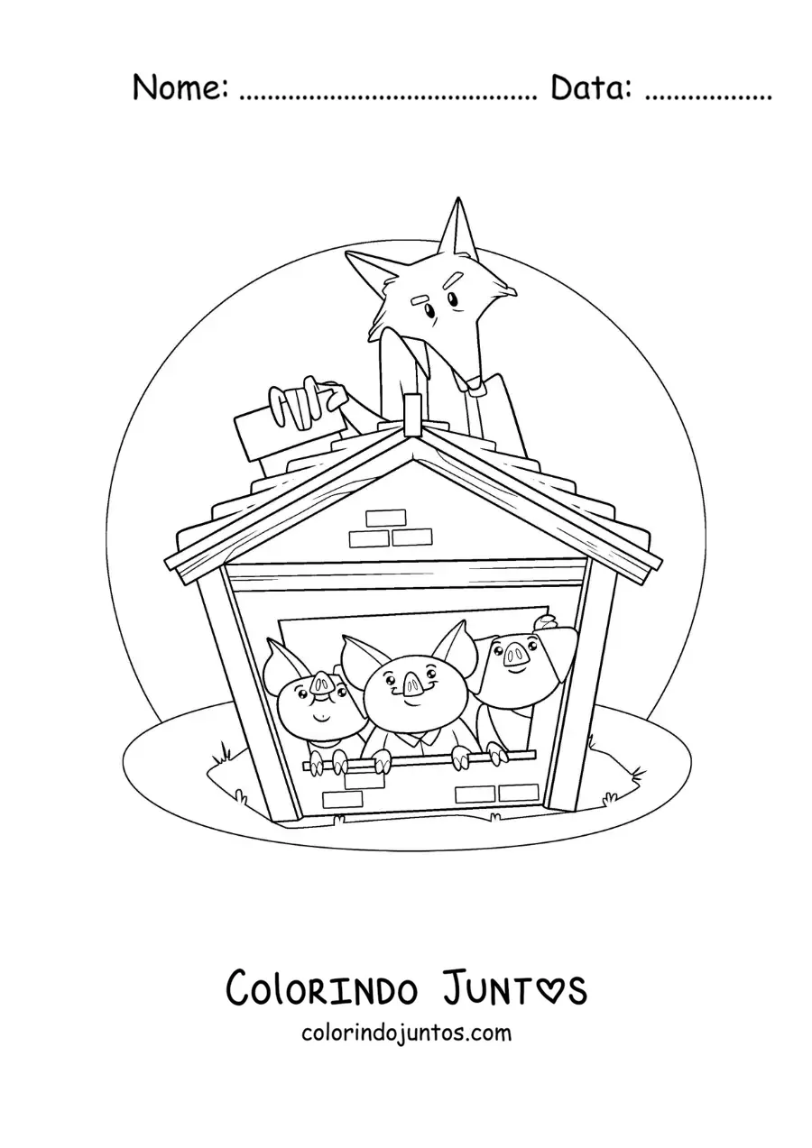 Desenho para colorir dos três porquinhos escondidos do lobo na casa de tijolos