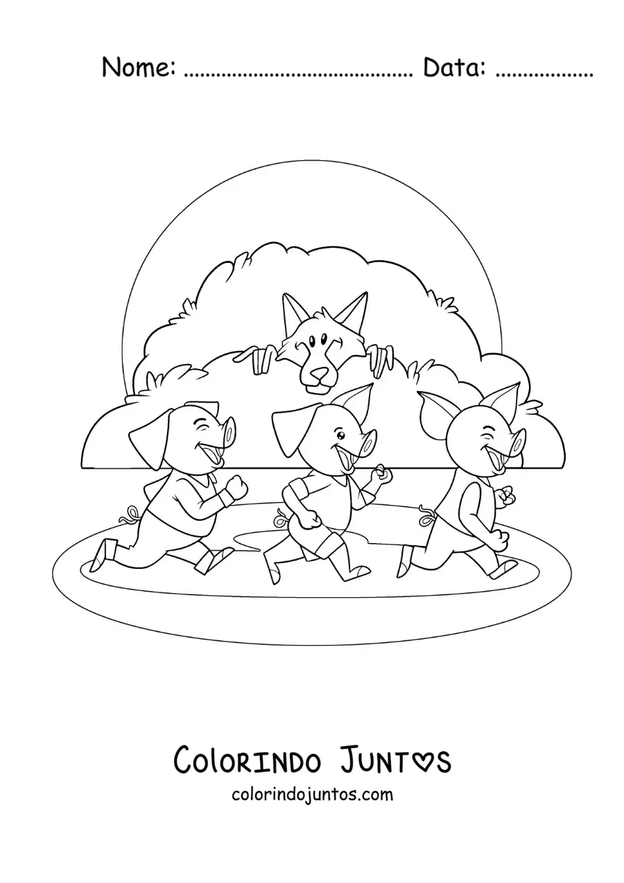 Desenho para colorir do lobo mau perseguindo os três porquinhos do conto