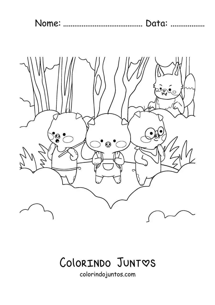 Desenho para colorir do lobo mau espreitando os três porquinhos na floresta