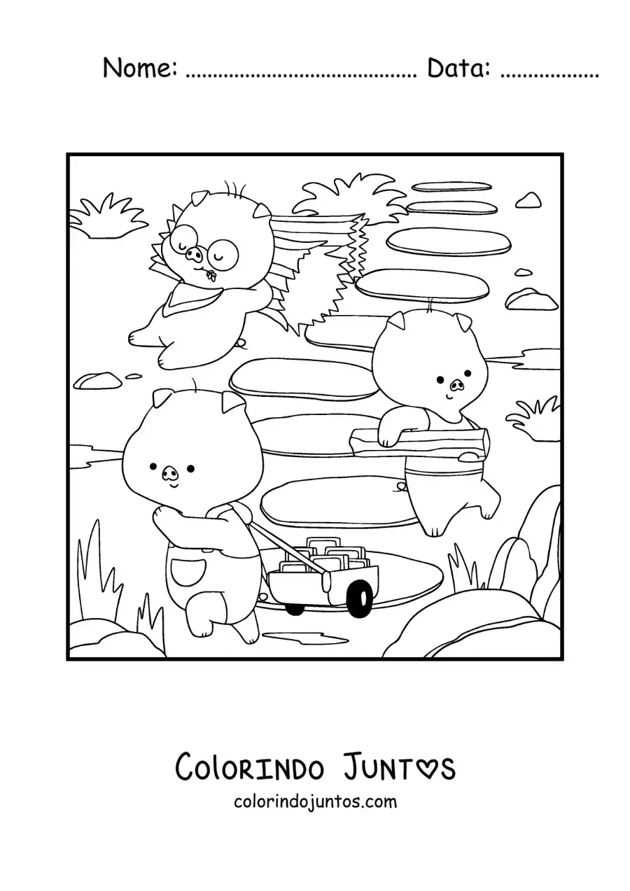 Desenho para colorir dos três porquinhos kawaii animados construindo suas casas