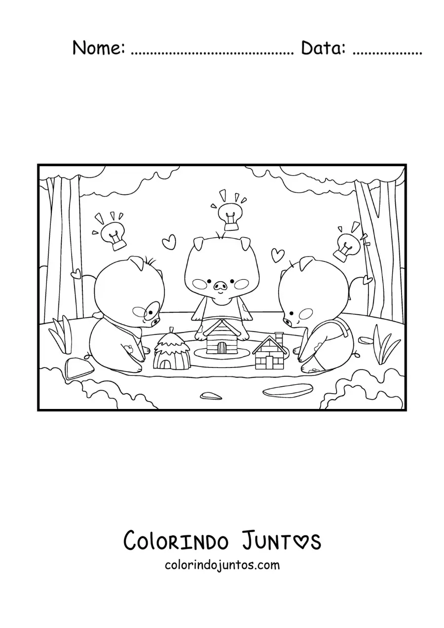 Desenho para colorir dos 3 porquinhos kawaii construindo suas casas na floresta