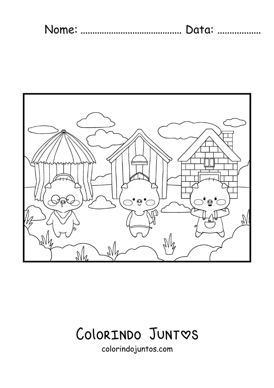 Desenho para colorir dos três porquinhos animados e suas casas