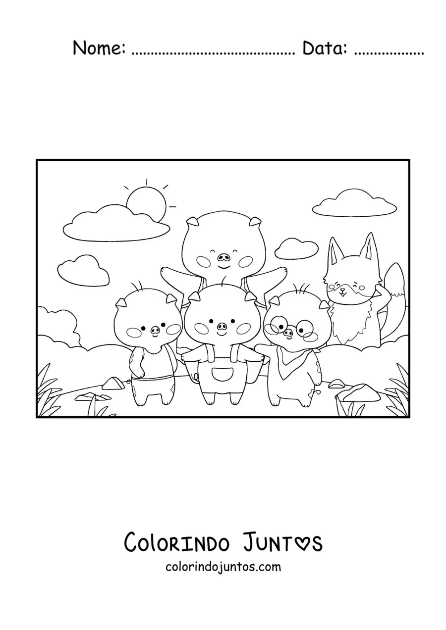 Desenho para colorir da família dos três porquinhos e o lobo