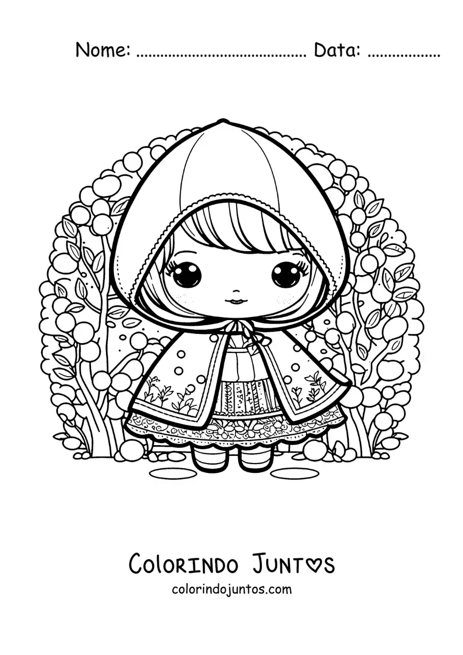 Desenho para colorir de Chapeuzinho Vermelho kawaii na floresta