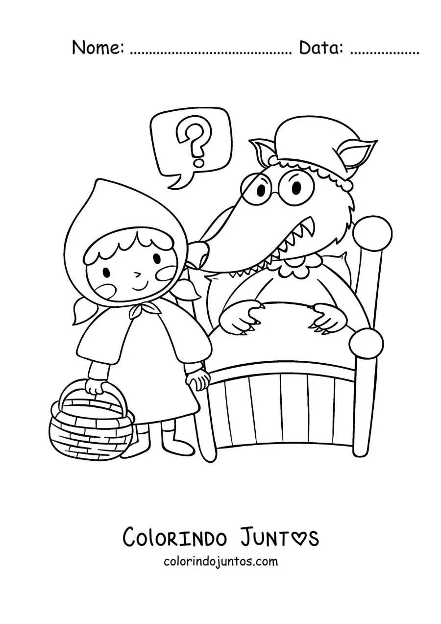 Desenho para colorir de Chapeuzinho Vermelho animada com o lobo disfarçado de vovó